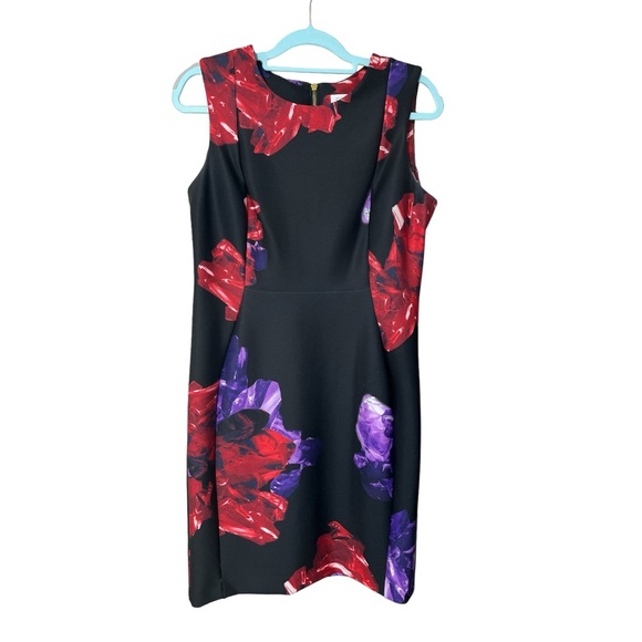 Calvin Klein Scuba Knit Black Floral Sheath Dress Career Wedding Guest Stretch - Picture 11 of 11